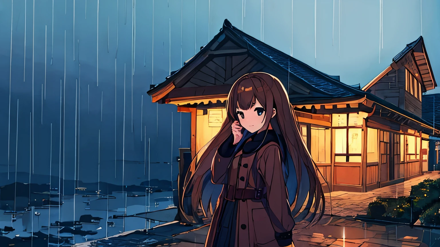 (Highest Resolution, clear_image), highest quality, umbrella, Town,heroine,rain,brown hair