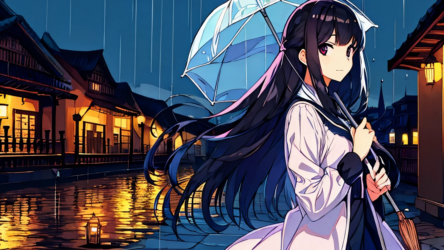 (Highest Resolution, clear_image), highest quality, umbrella, Town,heroine,rain,Black Hair