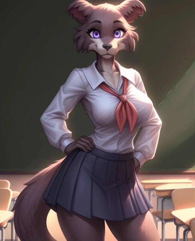 furry anthro juno, medium breasts, junouniform, white clothing, long skirt, long sleeves, neckerchief, solo, full body, tail, countershading, (best quality, masterpiece:1), standing, sexy pose, purple eyes, looking at viewer, (school classroom background:1.1), octane render