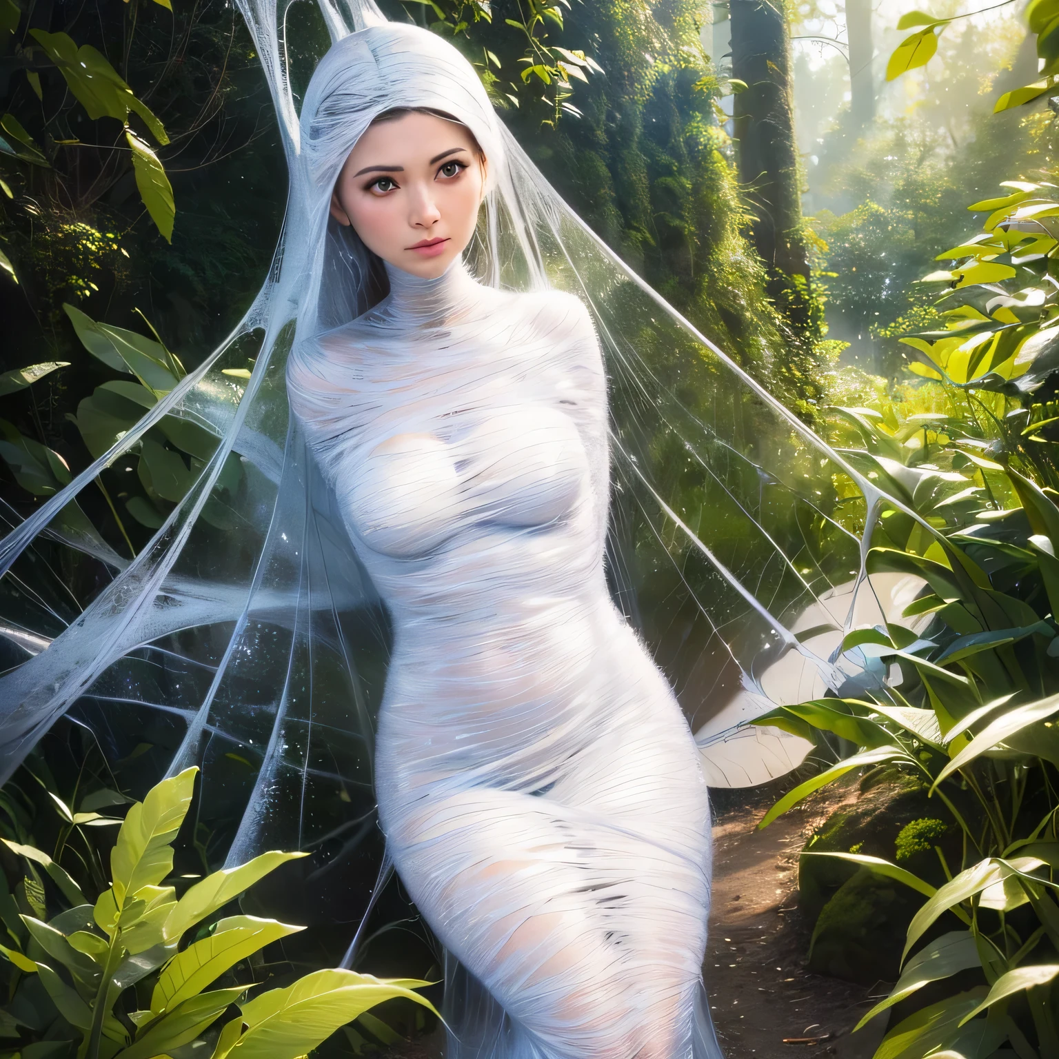 (a) fairy, beautiful,detailed wings, detailed dress, detailed face, (highres:1.2), (realistic:1.37)
medium: oil painting
(a) girl, trapped, hanging, (best quality, 8k, highres:1.2), (realistic, photo-realistic: 1.37)
spider web, dense, delicate, intricate
(garden) plants, flowers, vibrant colors
(light) soft, ethereal, sunlight filtering through the trees
(d) cobweb, sticky strands, shimmering
(cocoon) silk, translucent, wrapped tightly