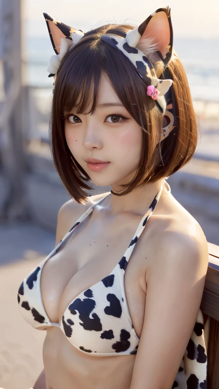 Masterpiece, 4K, (Beautiful high school girl:1.3), (Japanese idle:1.6), (cow pattern bikini:1.4), (Cat ears:1.4), (White soft Bob hair:1.2), sundown seashore, bokeh, looking at the viewer, Plump breast, close up,