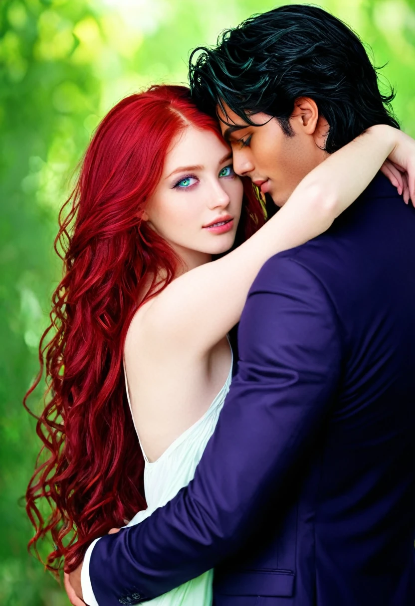 The image is for a cover of a love novel Girl abundant and super long blood red hair with a beautiful face and emerald eyes, y un chico hermoso alto cabello negro, corto y abundante y ojos color violeta parecido a un Dios griego, the two are hugging. Deben aparecer los dos personajes en la imagen.