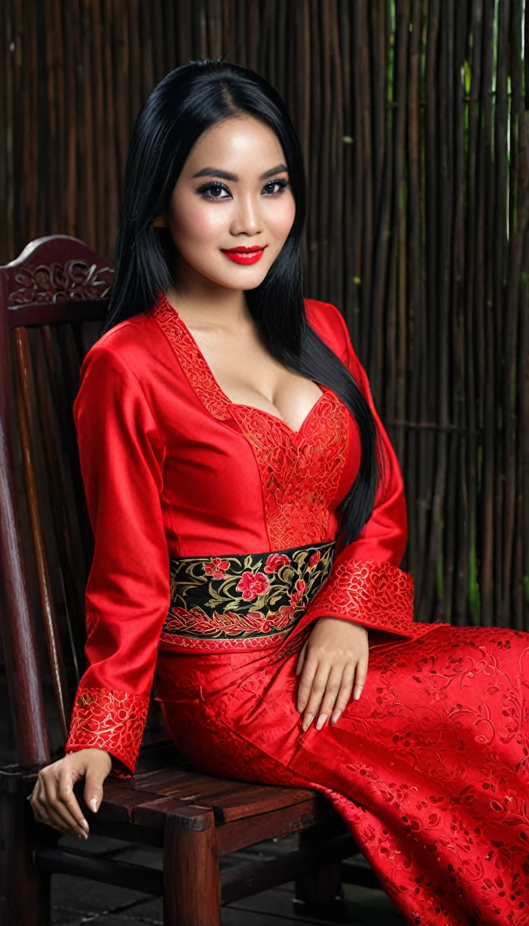 Photo of Indonesian woman, photorealistic, high quality, beautiful face, black hair, long straight hair, ultra contrast, smooth white skin, wearing a red Sundanese kebaya, the most beautiful girl, downcast eyes, black smokey eye shadow, whole body, very realistic. Sitting on a wooden chair smiling sweetly, voluptuous lips, big breasts, heavy rain, on the highway, highest quality, 12k, ultra HD, focus on camera, distance from camera 20 meters