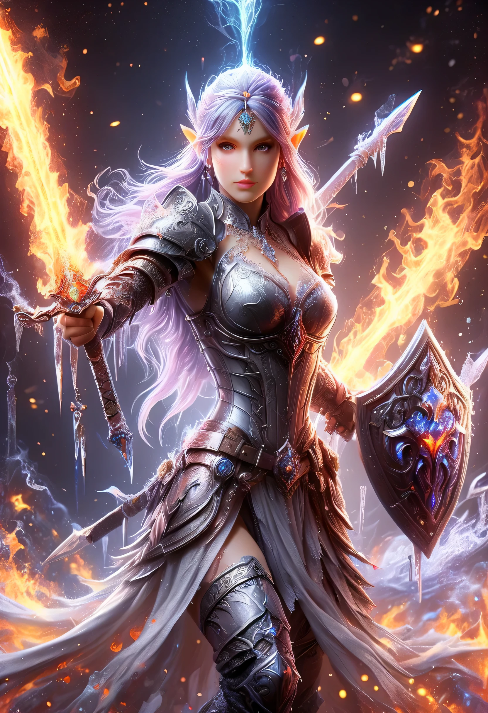 a picture of a female elf (intense details, Masterpiece, best quality: 1.5) fantasy swashbuckler, fantasy fencer, armed with a slim sword, shinning sword, metallic shine, colorful clothes, dynamic clothing, an ultra wide shot, full body (intense details, Masterpiece, best quality: 1.5)epic beautiful female elf (intense details, Masterpiece, best quality: 1.5), rich hair, braided hair, small pointed ears, GlowingRunes_pink [colorful magical sigils in the air],[ colorful arcane markings floating] (intricate details, Masterpiece, best quality: 1.6), holding a [sword] (intricate details, Masterpiece, best quality: 1.6) holding a [sword glowing in red light]fantasy urban street (intense details, Masterpiece, best quality: 1.5),  purple cloak, long cloak (intense details, Masterpiece, best quality: 1.5), sense of daring, sense of adventure,  high details, best quality, 8k, [ultra detailed], masterpiece, best quality, (extremely detailed), dynamic angle, ultra wide shot, photorealistic, RAW, fantasy art, dnd art,fantasy art, realistic art, 