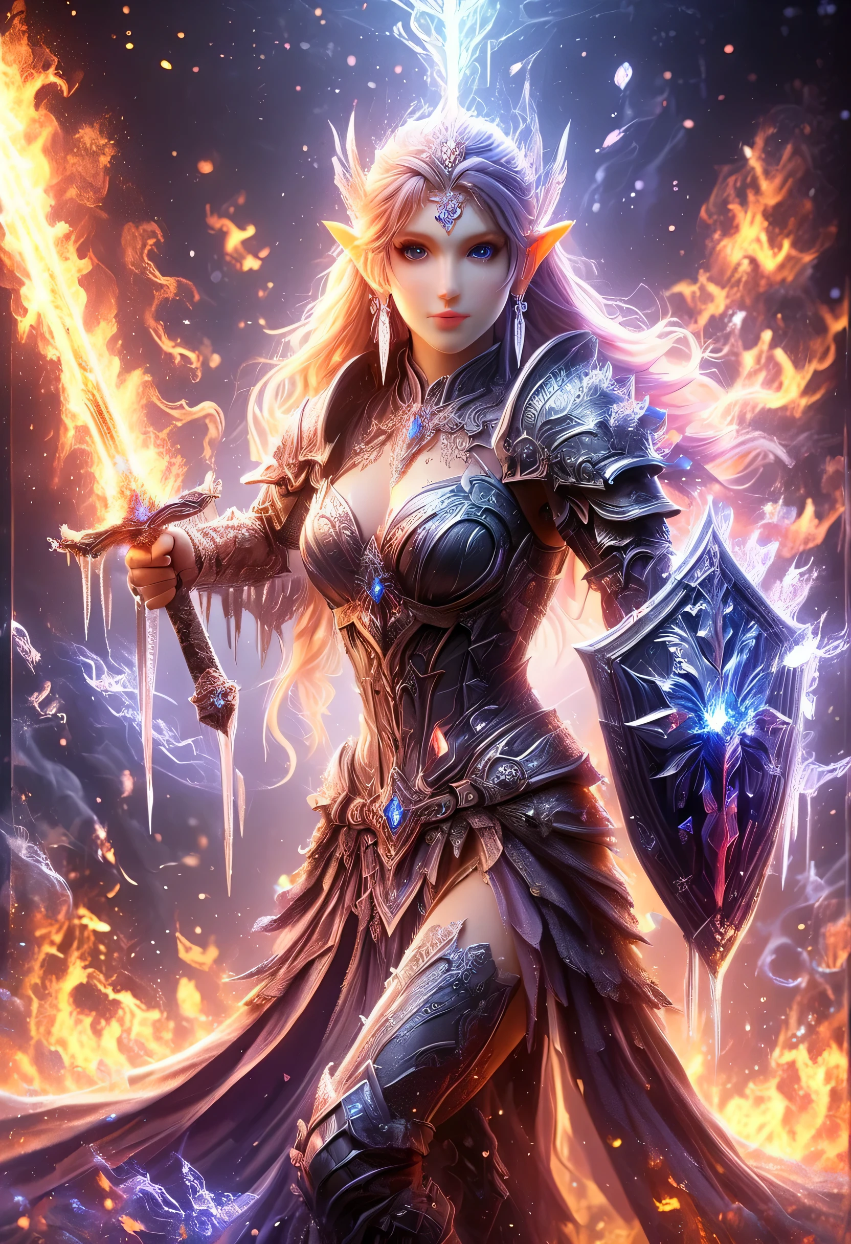 a picture of a female elf (intense details, Masterpiece, best quality: 1.5) fantasy swashbuckler, fantasy fencer, armed with a slim sword, shinning sword, metallic shine, colorful clothes, dynamic clothing, an ultra wide shot, full body (intense details, Masterpiece, best quality: 1.5)epic beautiful female elf (intense details, Masterpiece, best quality: 1.5), rich hair, braided hair, small pointed ears, GlowingRunes_pink [colorful magical sigils in the air],[ colorful arcane markings floating] (intricate details, Masterpiece, best quality: 1.6), holding a [sword] (intricate details, Masterpiece, best quality: 1.6) holding a [sword glowing in red light]fantasy urban street (intense details, Masterpiece, best quality: 1.5),  purple cloak, long cloak (intense details, Masterpiece, best quality: 1.5), sense of daring, sense of adventure,  high details, best quality, 8k, [ultra detailed], masterpiece, best quality, (extremely detailed), dynamic angle, ultra wide shot, photorealistic, RAW, fantasy art, dnd art,fantasy art, realistic art, 