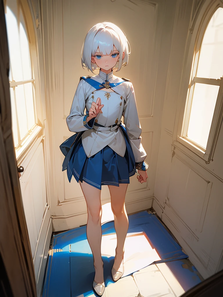 1girl, full body, white hair, short hair, blue eyes, flat chest, gallant expression, white uniform, blue linings, short pleated skirt, bare legs, masterpiece, beautiful face, detailed eyes, clean fingers, standing, medieval room, poverty, poor bedroom, detailed background