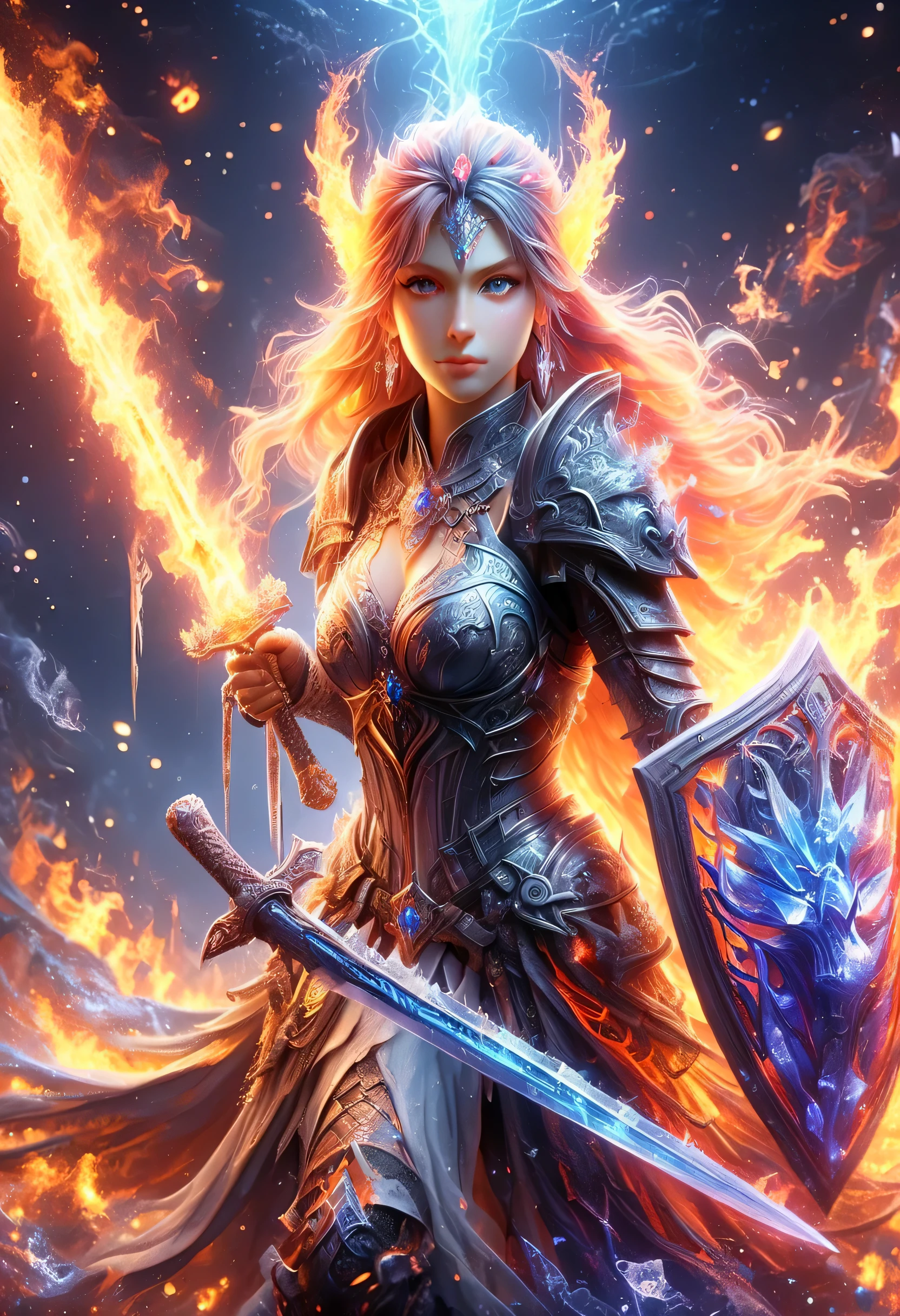 a picture of a female elf (intense details, Masterpiece, best quality: 1.5) fantasy swashbuckler, fantasy fencer, armed with a slim sword, shinning sword, metallic shine, colorful clothes, dynamic clothing, an ultra wide shot, full body (intense details, Masterpiece, best quality: 1.5)epic beautiful female elf (intense details, Masterpiece, best quality: 1.5), rich hair, braided hair, small pointed ears, GlowingRunes_pink [colorful magical sigils in the air],[ colorful arcane markings floating] (intricate details, Masterpiece, best quality: 1.6), holding a [sword] (intricate details, Masterpiece, best quality: 1.6) holding a [sword glowing in red light]fantasy urban street (intense details, Masterpiece, best quality: 1.5),  purple cloak, long cloak (intense details, Masterpiece, best quality: 1.5), sense of daring, sense of adventure,  high details, best quality, 8k, [ultra detailed], masterpiece, best quality, (extremely detailed), dynamic angle, ultra wide shot, photorealistic, RAW, fantasy art, dnd art,fantasy art, realistic art, 