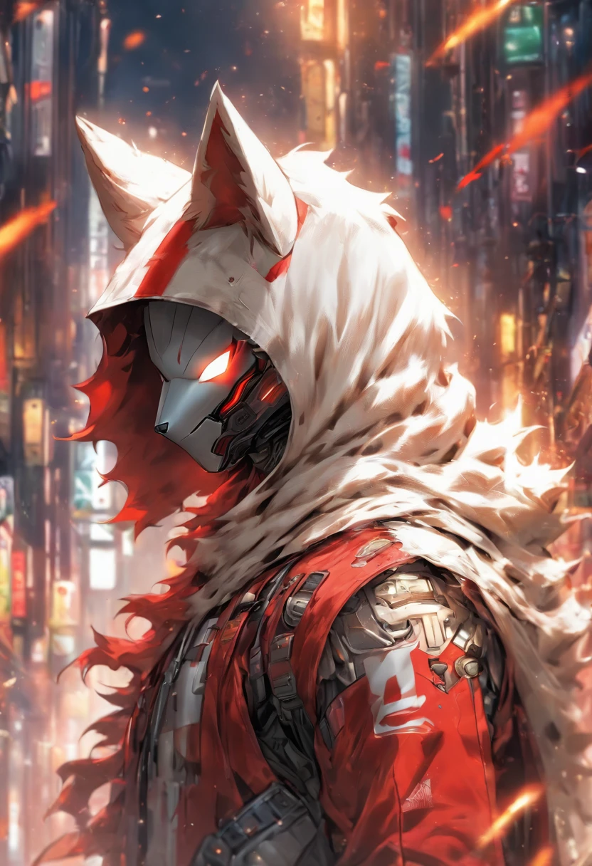 Stable Diffusion prompt: (highres,masterpiece:1.2),ultra-detailed,(realistic,photorealistic,photo-realistic:1.37),hooded man in white and red,detailed background,distressed clothing,paleta de personaje,robotic fox ears,superhero style