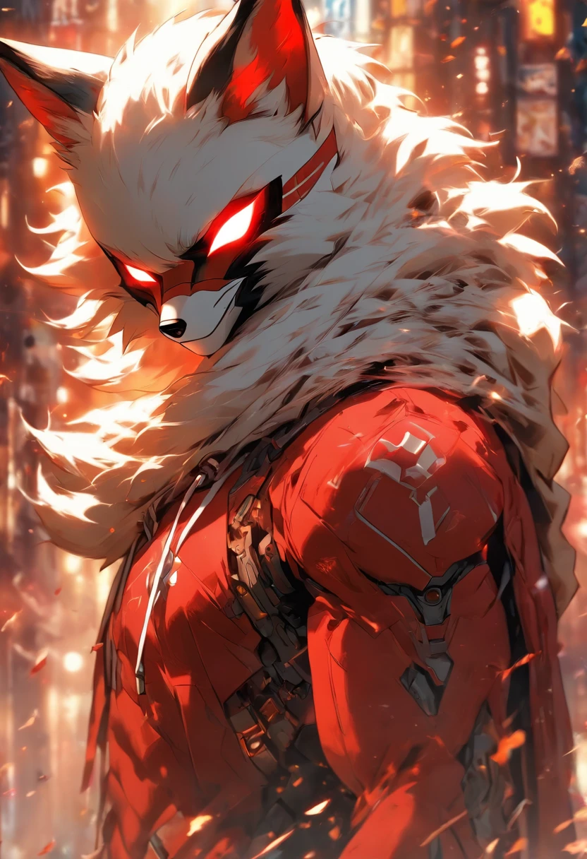 Stable Diffusion prompt: (highres,masterpiece:1.2),ultra-detailed,(realistic,photorealistic,photo-realistic:1.37),hooded man in white and red,detailed background,distressed clothing,paleta de personaje,robotic fox ears,superhero style