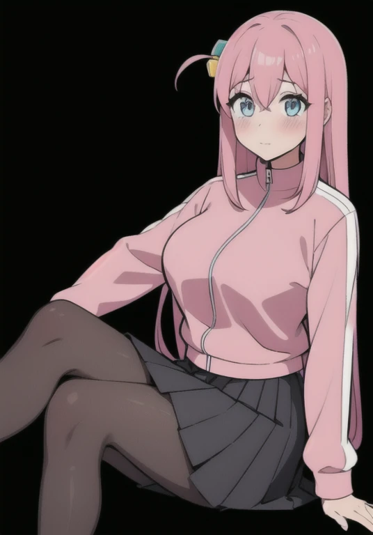 gotou_hitori, 1girl, solo, long hair, breasts, looking at viewer, blush, bangs, blue eyes, skirt, large breasts, simple background, hair ornament, long sleeves, hair between eyes, sitting, closed mouth, jacket, pink hair, pantyhose, pleated skirt, black skirt, black pantyhose, one side up, hand on own chest, black background, grey skirt, track jacket, pink jacket, cube hair ornament