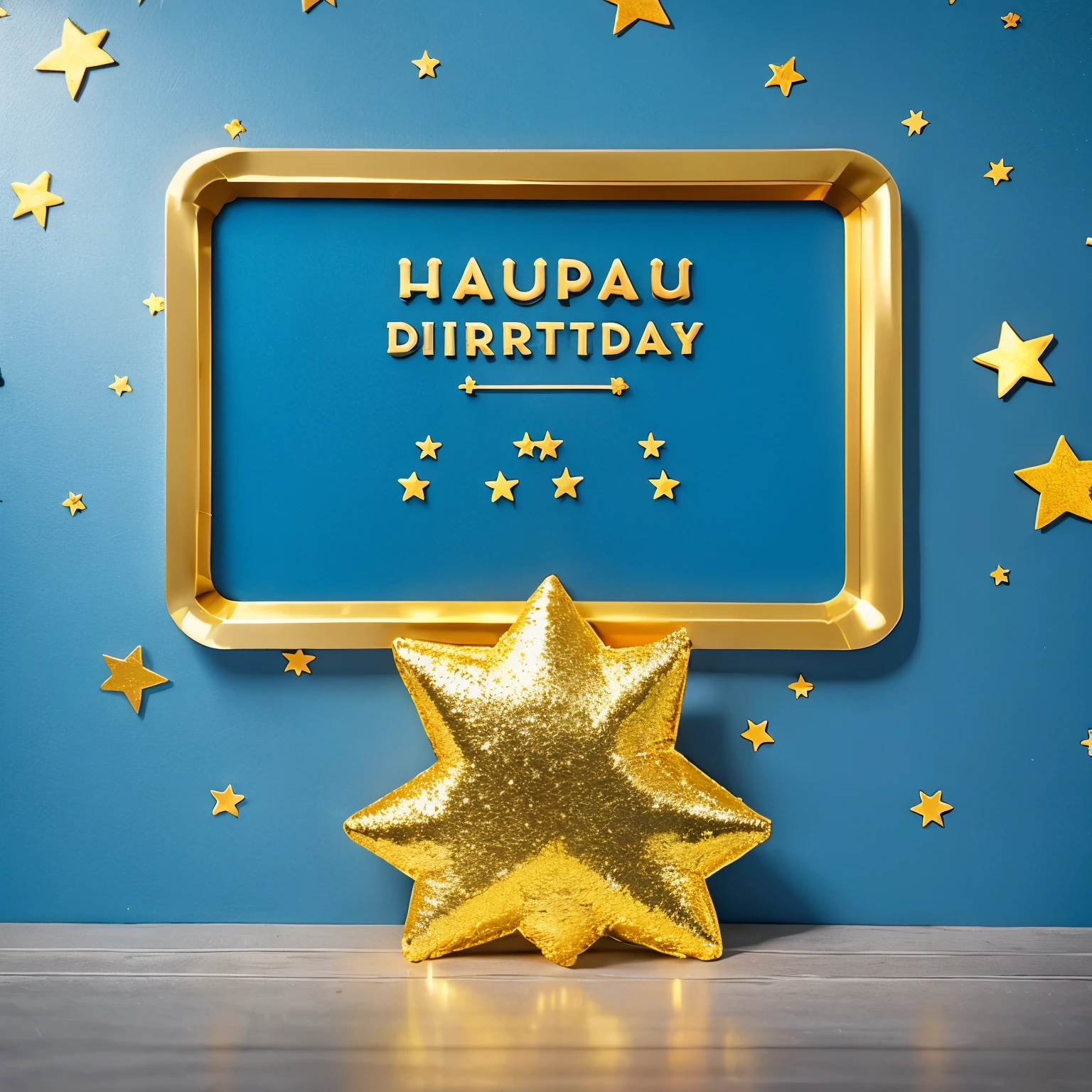 Design logo "Felicidades Javi," letras cursivas color plata y dorado en 3d, con estrellas doradas, cristal en la pared, and birthday decorations with blue cake, lluvia de estrellas color plata reflejante 