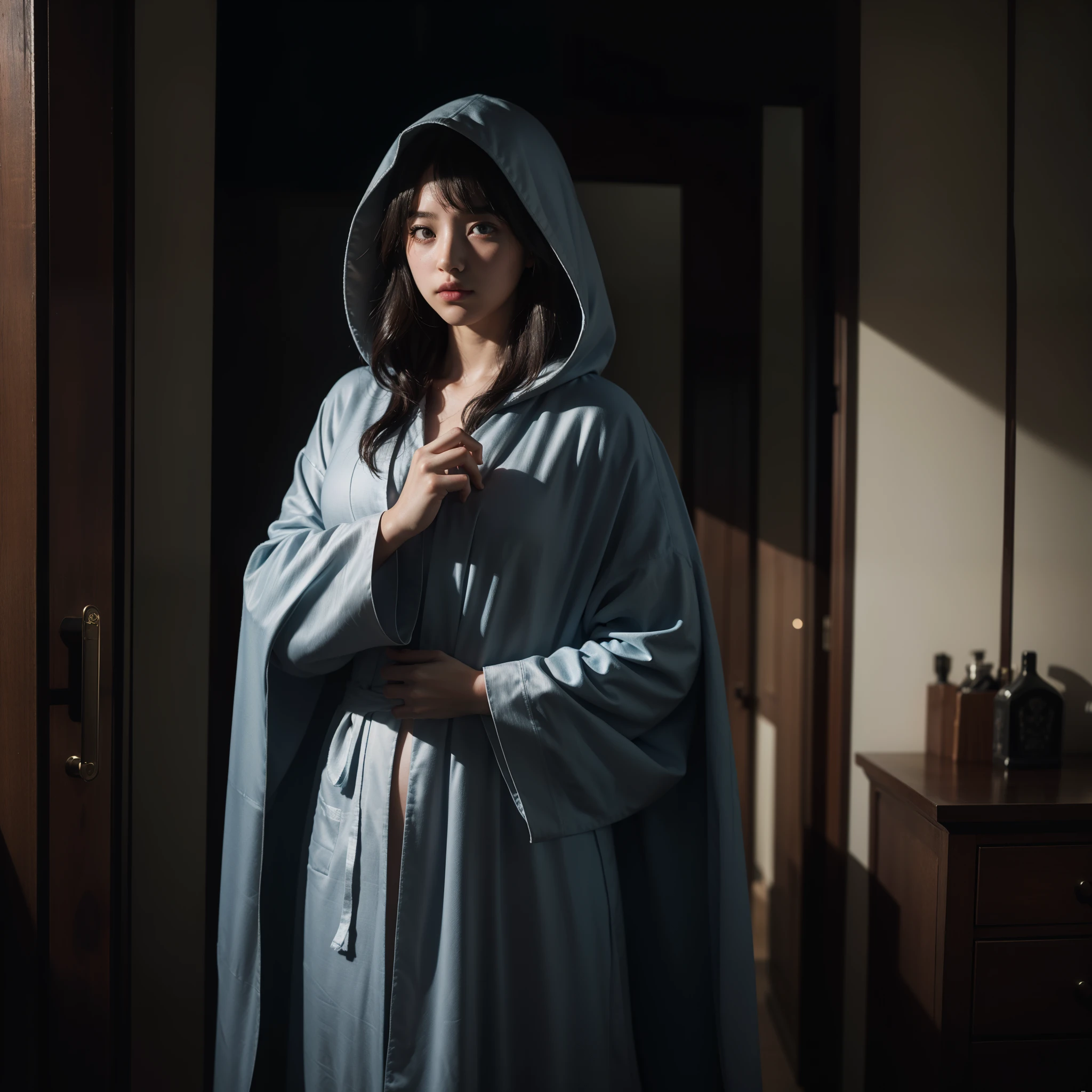 the blanks with various speculations. The girl's attire hints at a secretive quest or a hidden past. The choice to obscure her face with the hood adds a layer of anonymity, allowing the viewer to project their own interpretations. The image, rich in detail and atmosphere, captures the enigma and allure of the mysterious figure.

(girl:1.3) (hood:1.2) (identity concealed:1.4) (loose-fitting robe:1.3) (dimerly lit:1.3) (secretive:1.3) (hidden past:1.4) (speculations:1.4) (