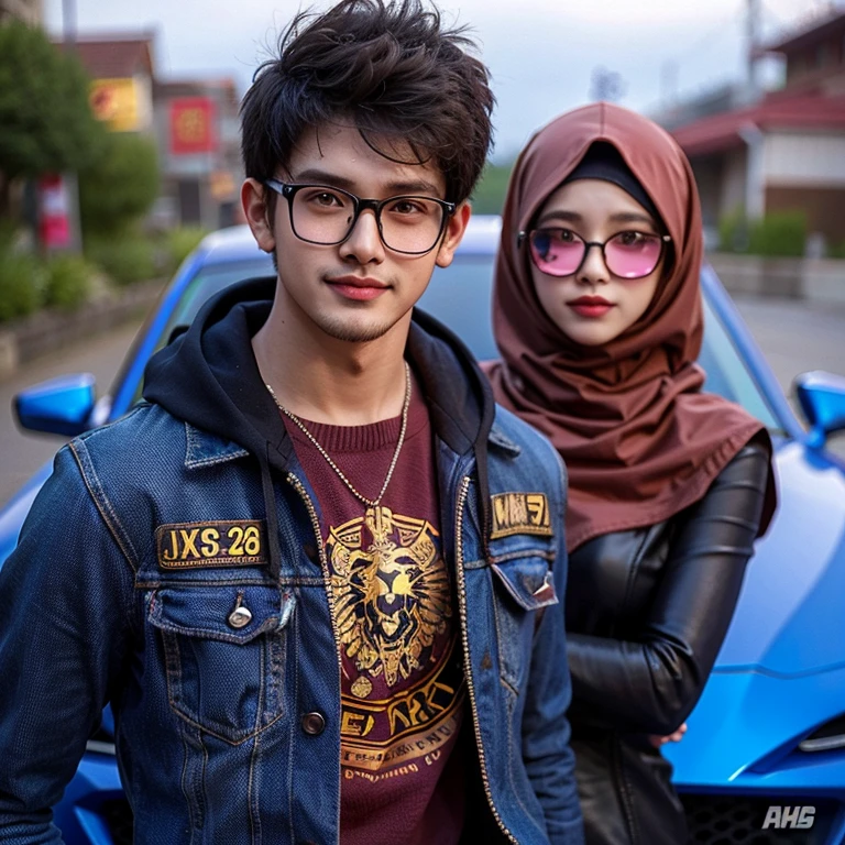 chang background cyberpunk handsome boy and beautiful girl realistic face, smile, 32k