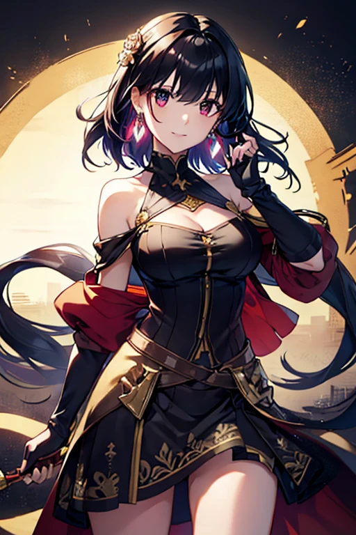 yor briar, anime style beutiful woman, 1girl,fullbody, happy, smile, red face, closed mouth, beautiful detailed eyes, super detailed skin, backlighting, bare shoulders, black background, black dress, black gloves, black hair, breasts, dress, earrings, fingerless gloves, floating hair, floral print, flower, gloves, gold earrings, gold hairband, hair flower, hair ornament, hairband, holding, holding weapon, jewelry, large breasts, long hair, looking at viewer, off-shoulder dress, off shoulder,red eyes, short hair with long locks, sidelocks, solo, spikes, thighs, two-sided dress, two-sided fabric, weapon, fighting stance , face, close up, from above, highest quality, high resolution.