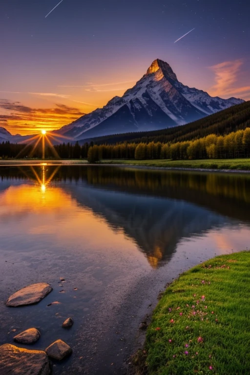 Sunset, two mountain peaks in the distance, landscape, kingdom, castle, stars, moat
