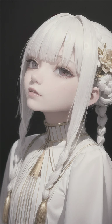 best quality, masterpiece,white hair, gold eyes,white clothes, looking up, upper body,hair strand,Fair skin,side braids