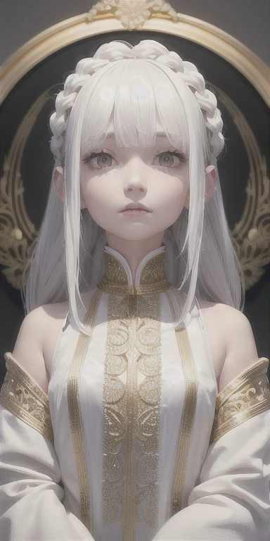 best quality, masterpiece,white hair, gold eyes,white clothes, looking up, upper body,hair strand,Fair skin,side braids