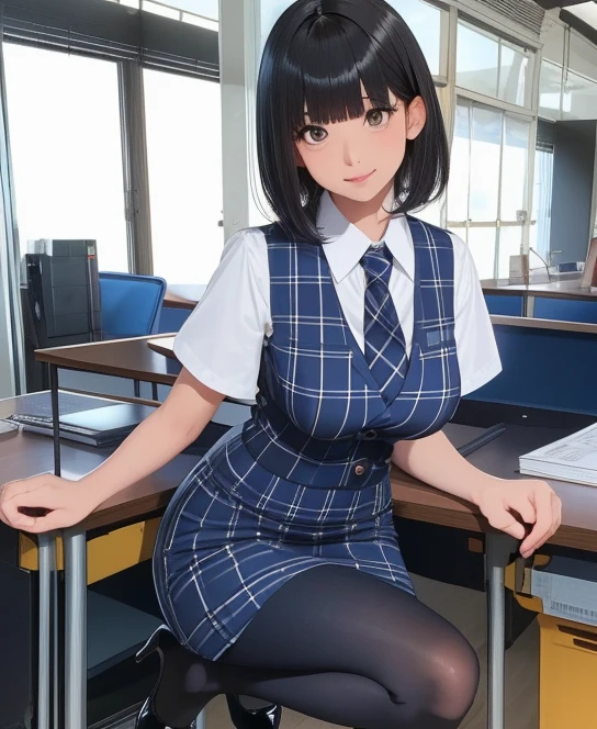 highest quality, debris flies、Beautiful woman、Office Lady、black hair、(black eyes、blunt bangs)、short hair、dark blue office suit with plaid pattern)、new employee,full body shot、Female OL、break(checkered dark blue vest、white cutter shirt、Navy blue long tight pencil skirt:1.2)、(black tights、high heels)、break(office:1.3)、(((greeting)))