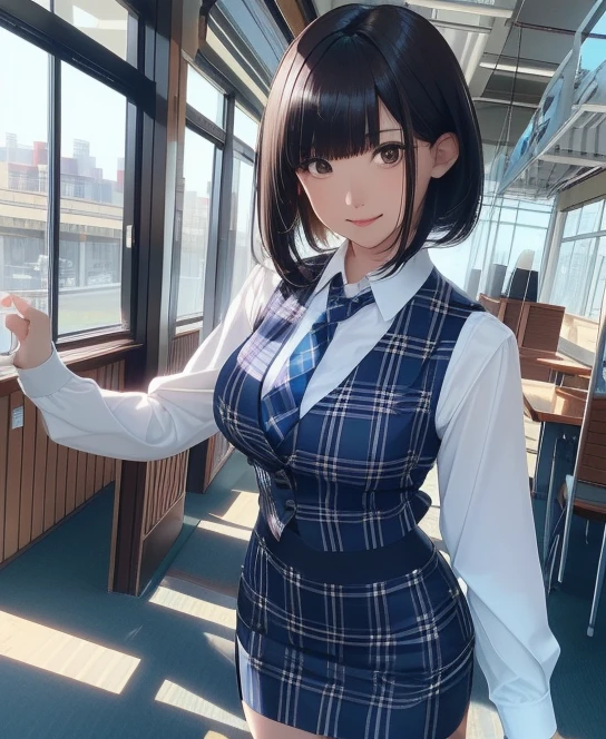 highest quality, debris flies、Beautiful woman、Office Lady、black hair、(black eyes、blunt bangs)、short hair、dark blue office suit with plaid pattern)、new employee,full body shot、Female OL、break(checkered dark blue vest、white cutter shirt、Navy blue long tight pencil skirt:1.2)、(black tights、high heels)、break(office:1.3)、(((back view)))、(((evening)))