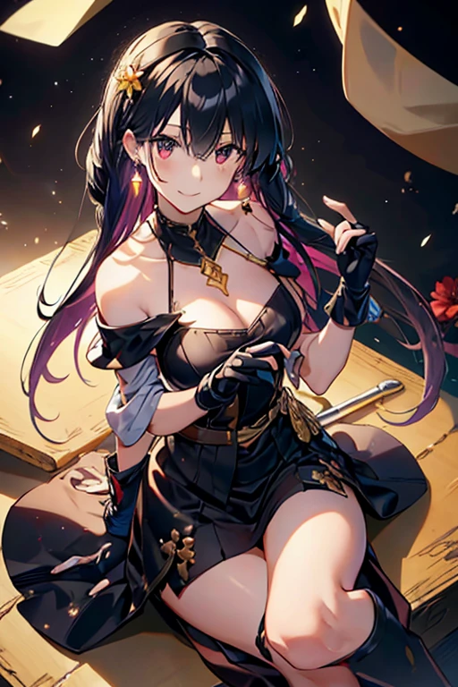 yor briar, anime style beutiful woman, 1girl,fullbody, happy, smile, red face, closed mouth, beautiful detailed eyes, super detailed skin, backlighting, bare shoulders, black background, black dress, black gloves, black hair, breasts, dress, earrings, fingerless gloves, floating hair, floral print, flower, gloves, gold earrings, gold hairband, hair flower, hair ornament, hairband, holding, holding weapon, jewelry, large breasts, long hair, looking at viewer, off-shoulder dress, off shoulder,red eyes, short hair with long locks, sidelocks, solo, spikes, thighs, two-sided dress, two-sided fabric, weapon, fighting stance , face, close up, from above, highest quality, high resolution.