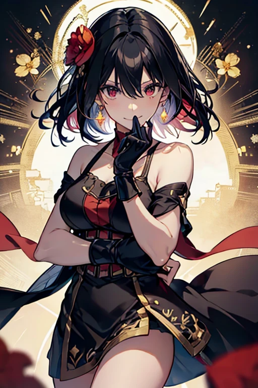 yor briar, anime style beutiful woman, 1girl,fullbody, happy, smile, red face, closed mouth, beautiful detailed eyes, super detailed skin, backlighting, bare shoulders, black background, black dress, black gloves, black hair, breasts, dress, earrings, fingerless gloves, floating hair, floral print, flower, gloves, gold earrings, gold hairband, hair flower, hair ornament, hairband, holding, holding weapon, jewelry, large breasts, long hair, looking at viewer, off-shoulder dress, off shoulder,red eyes, short hair with long locks, sidelocks, solo, spikes, thighs, two-sided dress, two-sided fabric, weapon, fighting stance , face, close up, from above, highest quality, high resolution.
