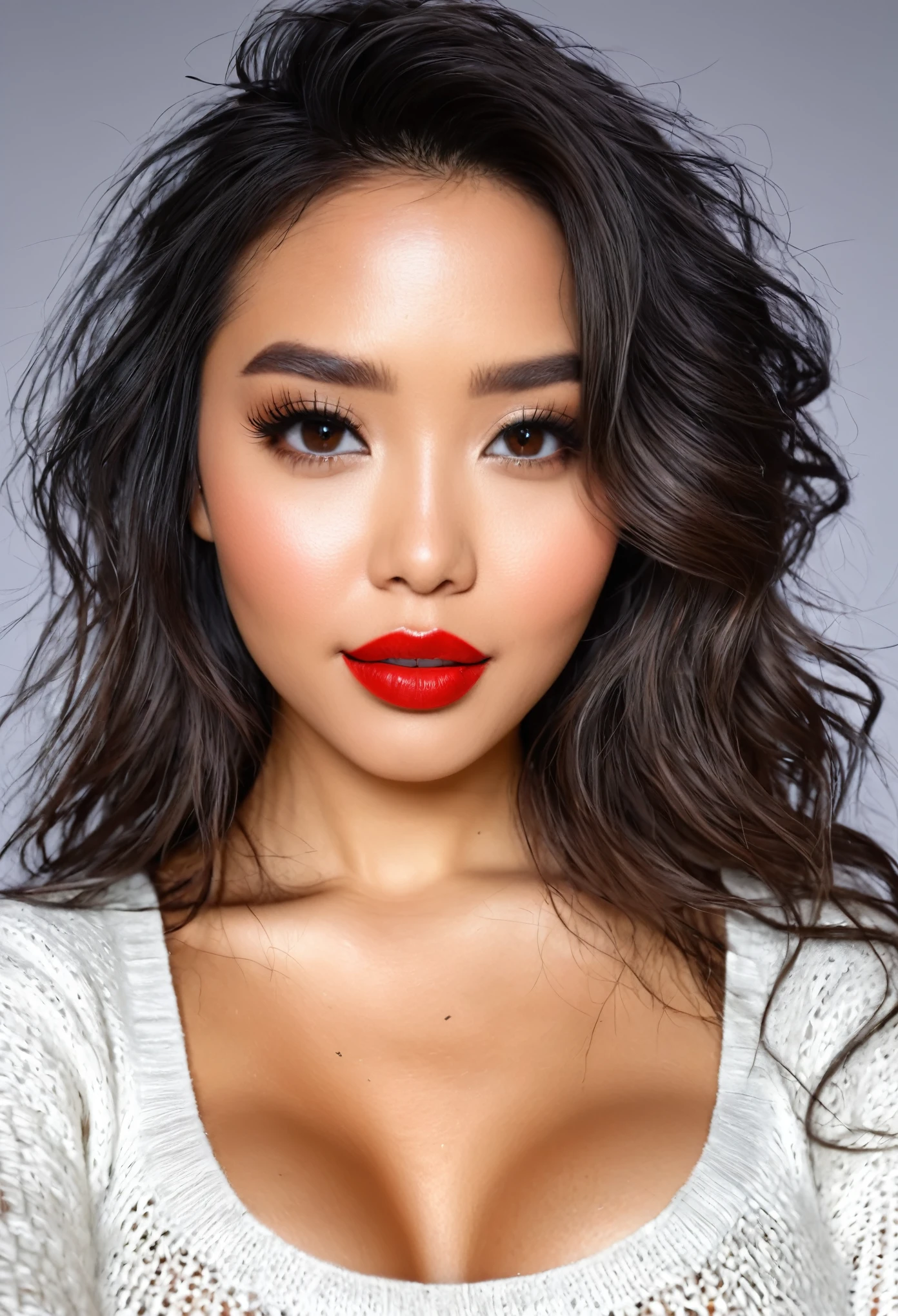 Urban lindo girl college , obra de arte, maquiagem leve, Red lips, Cabelo prateado, long messy hair, fundo de rua, lindo, elegante. detalhes super finos, obras mestres, Authentic texture, cinematic lighting realism, trabalho perfeito, 16K, High definition, recursos requintados,olhos azuis、Japanese Idol、rosto bonito、Sorriso fofo、cabelo castanho、lindo hair、rabo de cavalo、glamoroso、 big breastserect amilies oily muscle、pele brilhante、pele bronzeada、Pele negra brilhante、Sexy knitted sweaters, olhos grandes e brilhantes, pele macia, brincos, colar, tatuagem