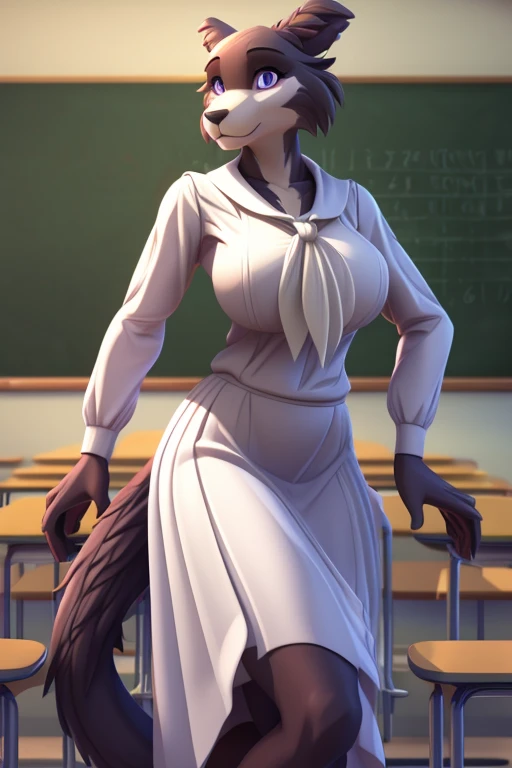 furry anthro juno, big breasts, white clothing, long skirt, long sleeves, neckerchief, solo, full body, tail, countershading, (best quality, masterpiece:1), standing, sexy pose, purple eyes, looking at viewer, (school classroom background:1.1), octane render