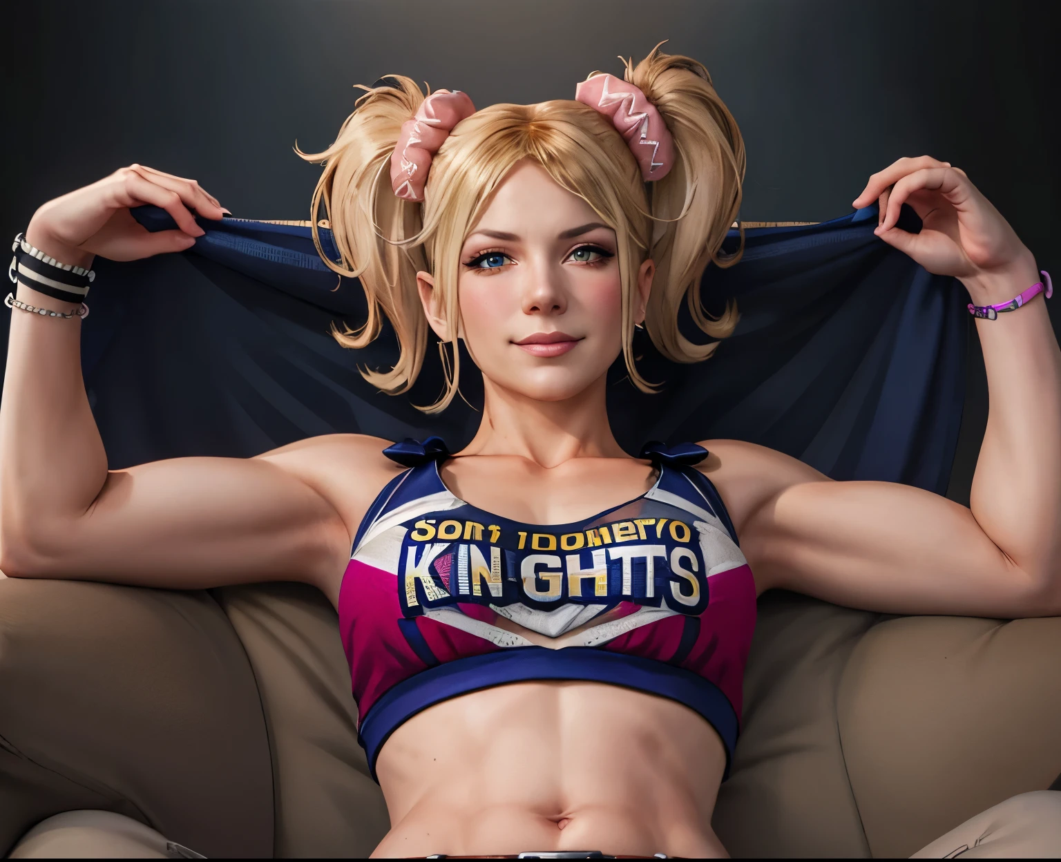 (masterpiece, best quality: 1,2), cowboy photo, solo, 1girl, juliet starling, smug, smirk, crossed arms, twintails, cheerleader, crop top, writing on clothes, skirt, pantyhose , belt, bracelet, belly, sitting, hands raised