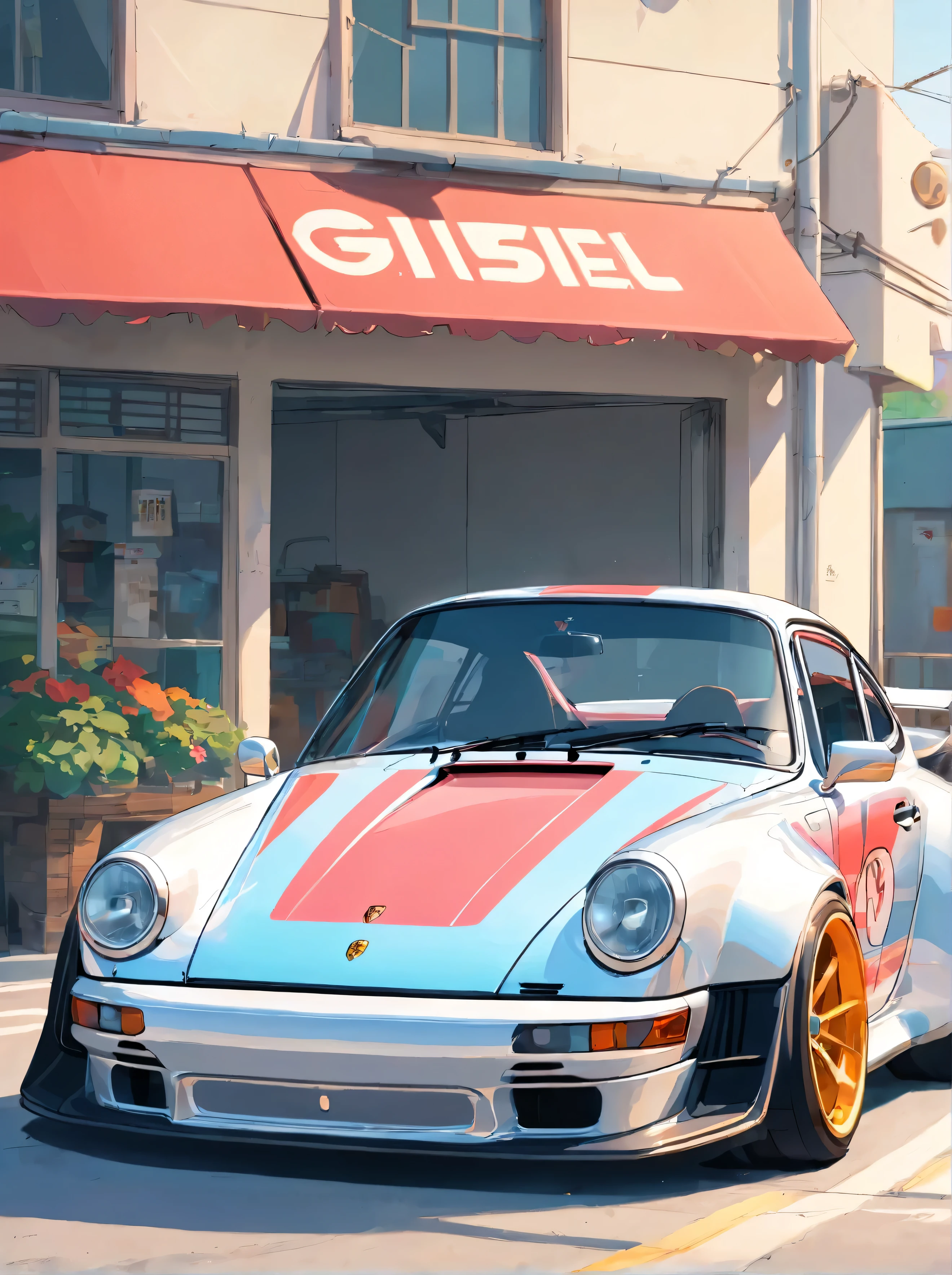 Porsche 911 rwb, wide body, sketch,
cartoonish, comic strip, Chip Foose car rendering, chrome wheels, bagged, slammed to the ground, empty parkinglot, style dessin manga, couleur