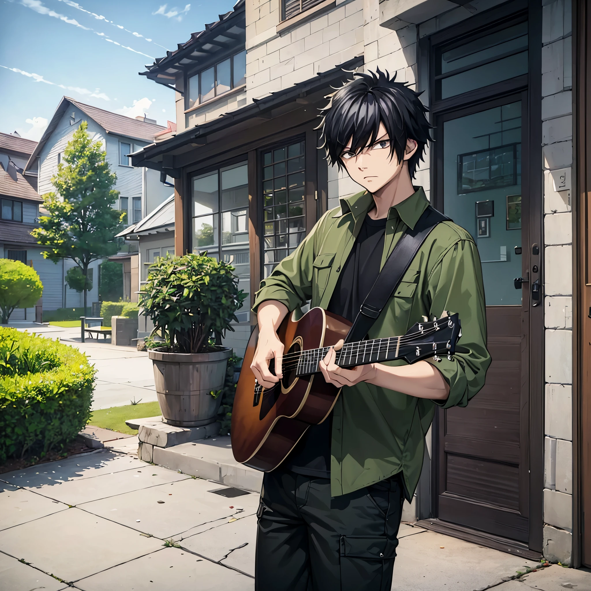 a man with black hair, on the porch of a modern house, wearing casual clothes, moss green military pants, black shirt, black hair, silver eyes, playing the guitar, daytime sky, serious face, HDR, ultra resolution, well defined, artwork press, 8K HD. (alone man)