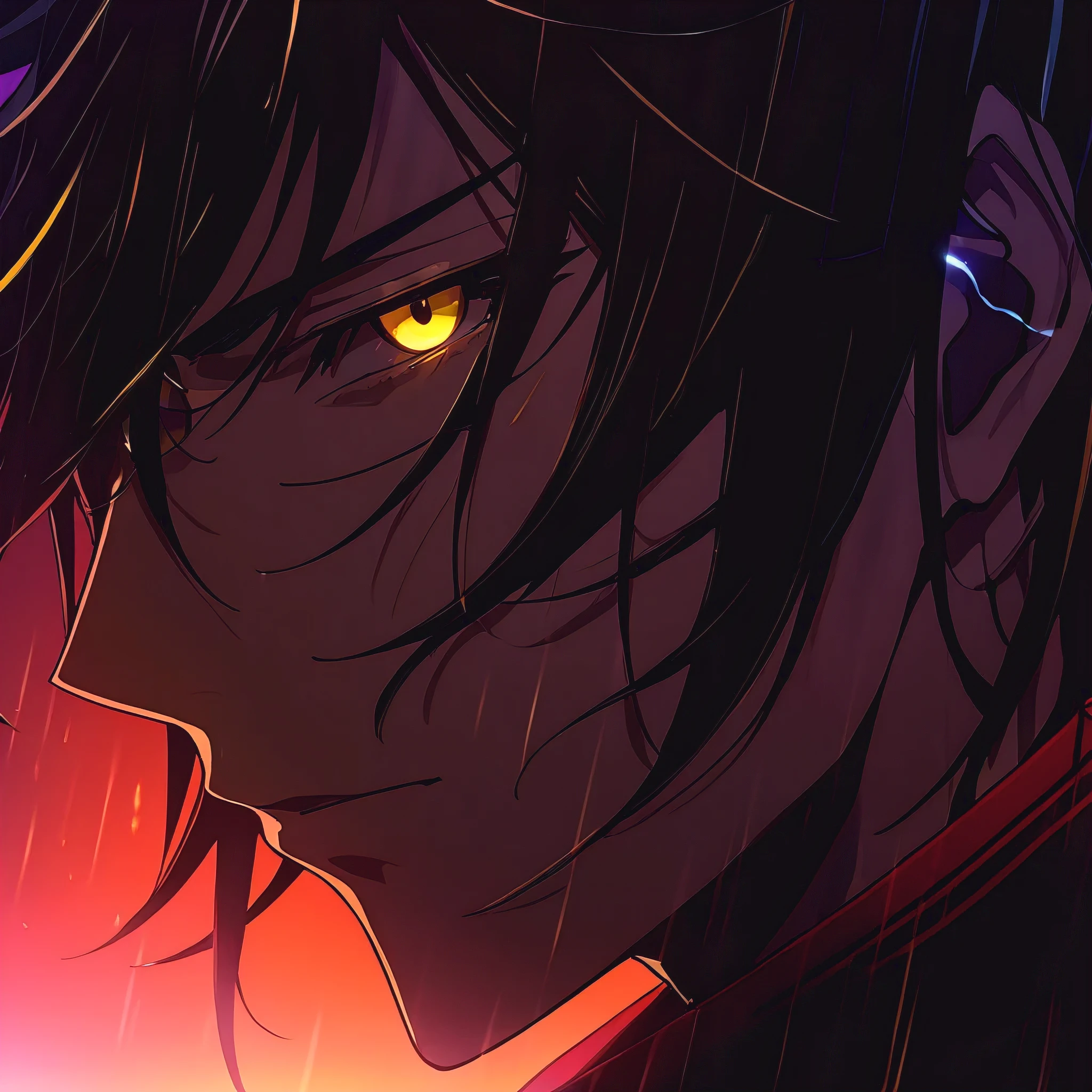 anime, a man with long black hair and yellow eyes stares at something, with yellow glowing eyes, his eyes are yello and glowing, badass anime 8k,, with glowing yellow eyes, handsome guy, Rimuru tempest 4k anime wallpaper, anime style 4k, his eyes glowing, hd anime wallaper, 4k manga wallpaper