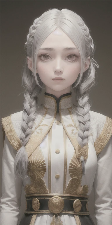 highest quality, masterpiece,Gray Hair, Golden Eyes,White clothes, look up, Upper Body,hair,Fair skin,Side braid