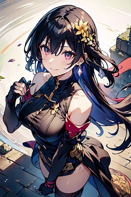 yor briar, anime style beutiful woman, 1girl,fullbody, happy, smile, red face, closed mouth, beautiful detailed eyes, super detailed skin, backlighting, bare shoulders, black background, black dress, black gloves, black hair, breasts, dress, earrings, fingerless gloves, floating hair, floral print, flower, gloves, gold earrings, gold hairband, hair flower, hair ornament, hairband, holding, holding weapon, jewelry, large breasts, long hair, looking at viewer, off-shoulder dress, off shoulder,red eyes, short hair with long locks, sidelocks, solo, spikes, thighs, two-sided dress, two-sided fabric, weapon, fighting stance , face, close up, from above, highest quality, high resolution.