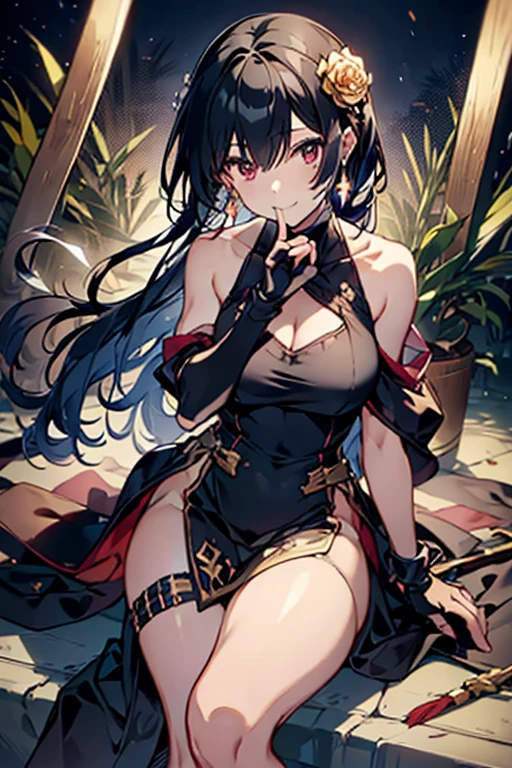 yor briar, anime style beutiful woman, 1girl,fullbody, happy, smile, red face, closed mouth, beautiful detailed eyes, super detailed skin, backlighting, bare shoulders, black background, black dress, black gloves, black hair, breasts, dress, earrings, fingerless gloves, floating hair, floral print, flower, gloves, gold earrings, gold hairband, hair flower, hair ornament, hairband, holding, holding weapon, jewelry, large breasts, long hair, looking at viewer, off-shoulder dress, off shoulder,red eyes, short hair with long locks, sidelocks, solo, spikes, thighs, two-sided dress, two-sided fabric, weapon, fighting stance , face, close up, from above, highest quality, high resolution.