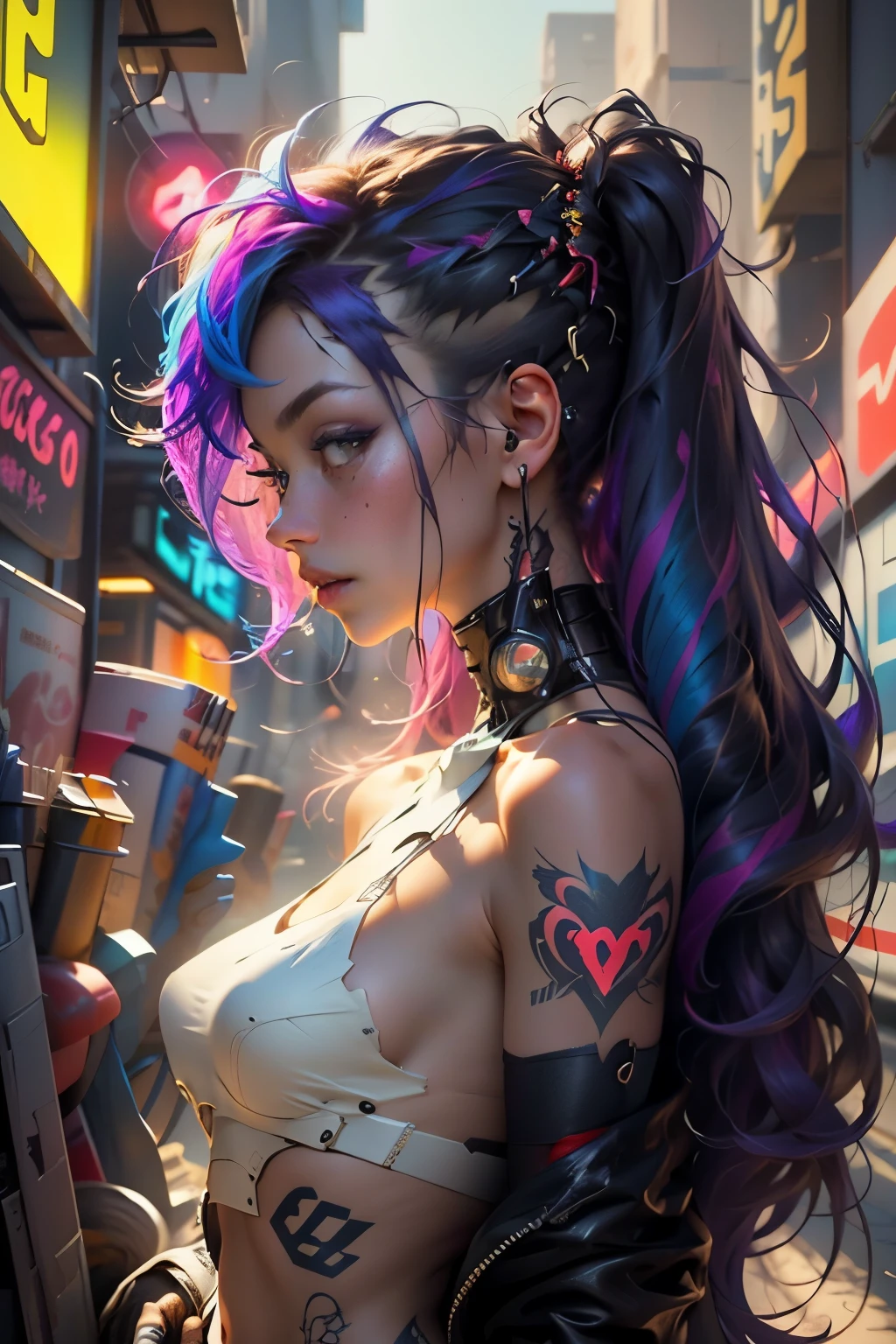 Aktmeisterwerk, nude cyberpunk girl with cyber implants, side view of the upper body, looking shy to the front, A cute girl with an insane amount of colofull tattoos all over her body, glowing halo over the head, rainbow colored hair, long hair, teased hair, "trading derivatives, HDR, RGB, highly realistic, Volumetric light, auras, vivid colors reflect, visual surreal"