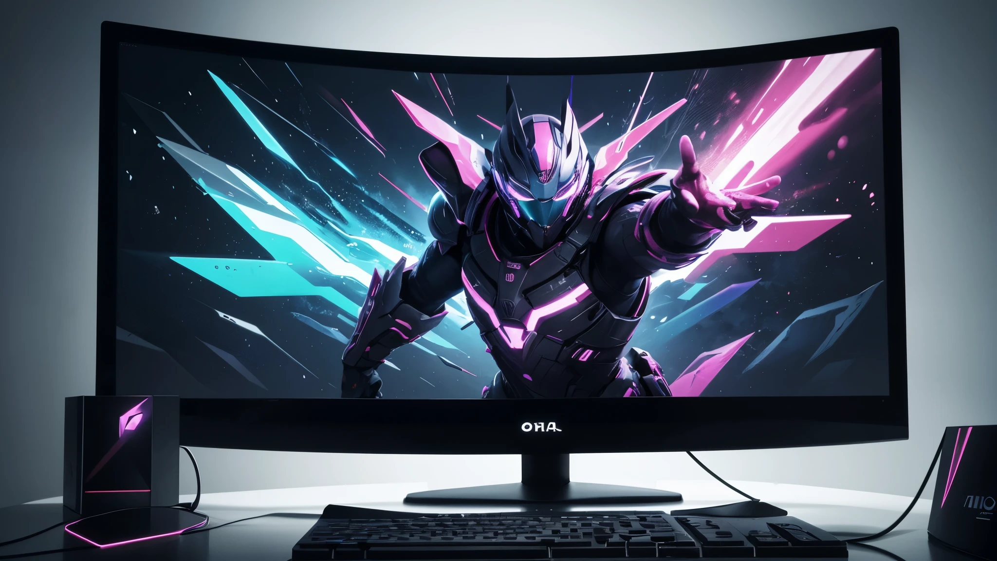 "Create an abstract image that captures the essence of gaming in a solid color scheme. The image must be in Full HD resolution, com tamanho de 2560 x 1440 pixels. O design deve incorporar elementos de jogos, como controles, consoles de jogos ou personagens de jogos, de forma estilizada e abstrata. O esquema de cores deve ser ousado e vibrante, focusing on a single color or a limited color palette. The overall effect should be a dynamic, immersive image that appeals to gamers and fans of abstract art. A imagem deve apresentar uma rica paleta de cores de tons neon, evocando a atmosfera de uma cibercidade futurista. Em primeiro plano, there should be a stylized representation of a game controller, with its buttons and joysticks forming intricate geometric patterns. O fundo deve apresentar uma grade brilhante, sugerindo o mundo digital dos jogos. O efeito geral deve ser uma mistura harmoniosa de arte abstrata e cultura de jogos, with a dynamic and immersive gaming experience that attracts the viewer."