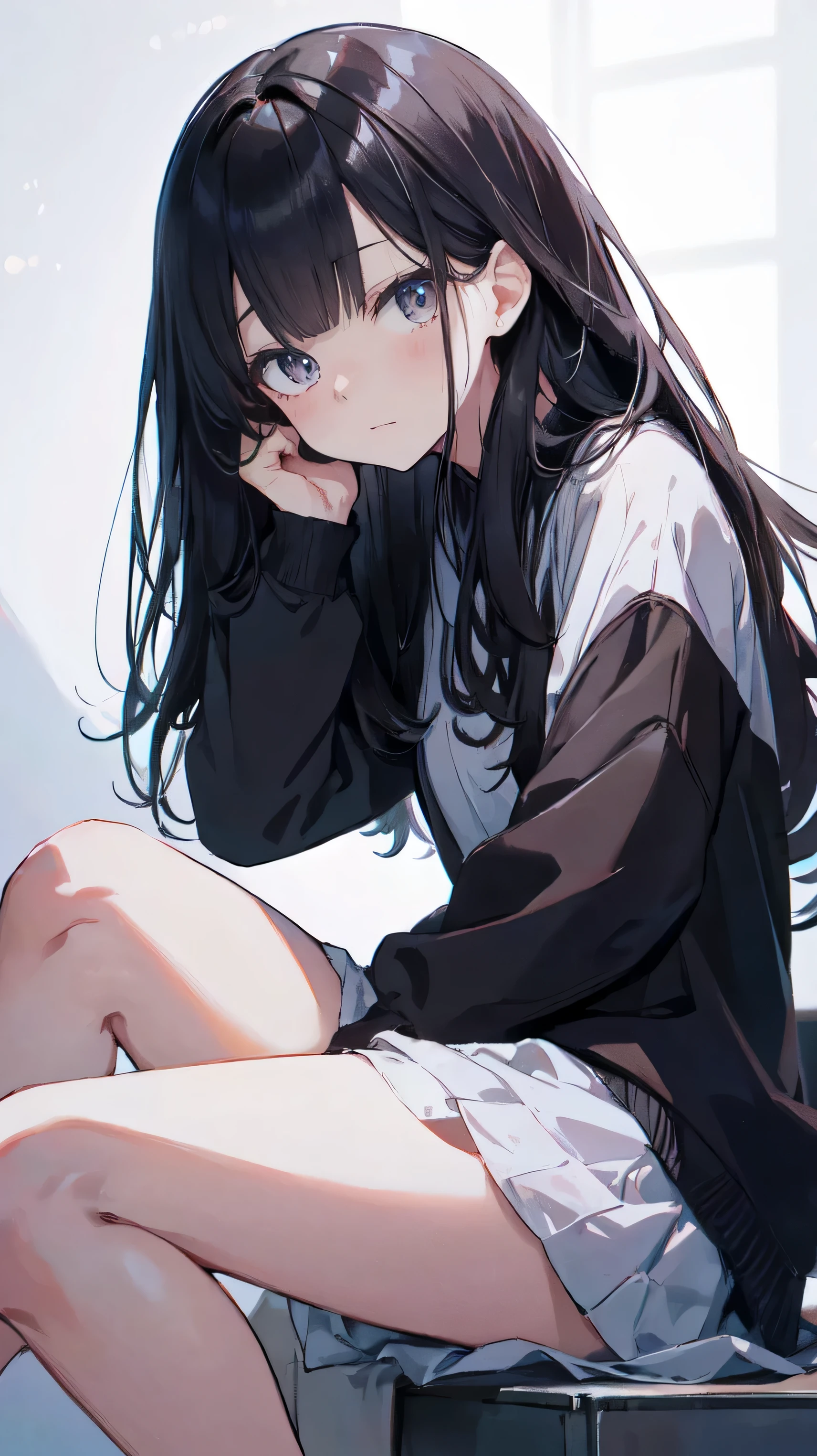 Masterpiece、Highest quality、highest quality、Black Hair、(((Girl)))、 ((Embarrassed))、Shiny hair quality、Small face、Sitting、Super detailed, beautiful, wide eyes、Ultra-detailed, clear and beautiful faces、(cute illustration:1.2), High-resolution, ultra-detailed, best quality, embarrassed、Thighs
