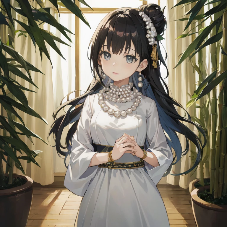 anime girl in white dress with long hair and pearl necklace, high detailed official artwork, anime visual of a cute girl, cute anime waifu in a nice dress, official art, anime portrait of shiina ringo, shikamimi, palace ， a girl in hanfu, official artwork, anime moe artstyle,  in dress, hestia