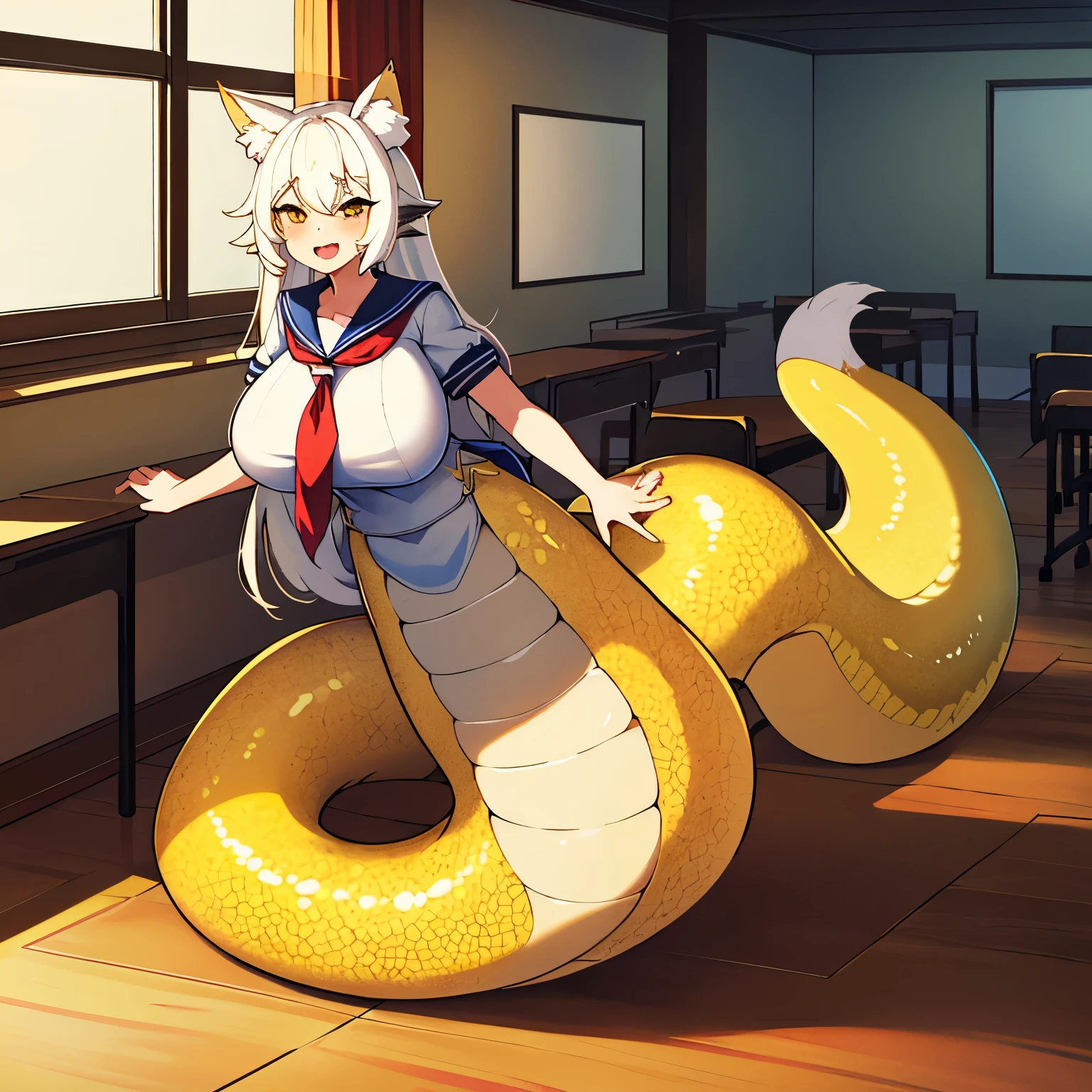 1girl, lamia, yellow scales, silky tail, school, classroom, gigantic breasts, white hair, fox ears, happy, best quality, 4k, 8k, 16k, highres, masterpiece, wallpaper, volumetric lighting, cat tooth, ((full body)), indoors, brown eyes, open mouth, ((standing)), sailor uniform, sexy