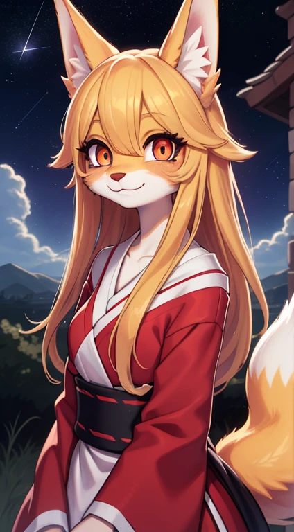 The art of Dagasi,girl fox,Long hairs,shaggy,Golden fur,Golden yellow face fur,Long blonde hair,Eyes have light,Red eyes,Super cute face,Brown elements on fur,miko,Beautiful lights and shadows,Ambient light,Ultra-fine fur,volumettic light,Night,Clouds and stars in the sky,The sky outside is starry ,meteors,natural lightting,Smiled,Fluffy tail,Colored Contact Lenses , Bright pupils