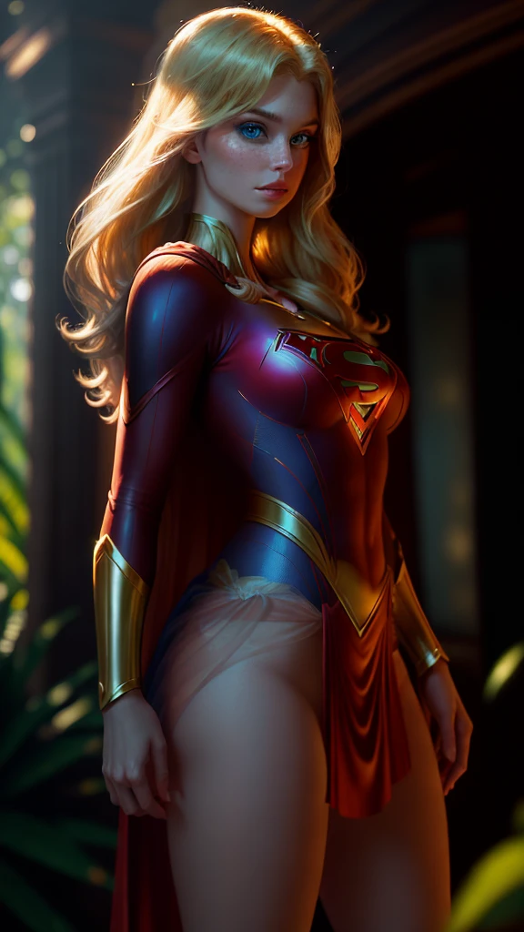 A stunning masterpiece of art featuring the radiant superheroine, Supergirl, comes to life in this high quality, ultra detailed 4k and 8k image. Her ethereal beauty, reminiscent of X-Man, shines through with her porcelain skin, cascading golden blonde hair, and outlined blue eyes that seem to glow with inner power. Dressed in her exquisitely designed superhero attire, she stands tall and proud against the backdrop of a lush forest.
Surrounding her is an opulent mansion, its grandeur reflected in the extreme realism of the image. The leafy canopy overhead filters the sunlight, casting flickering d