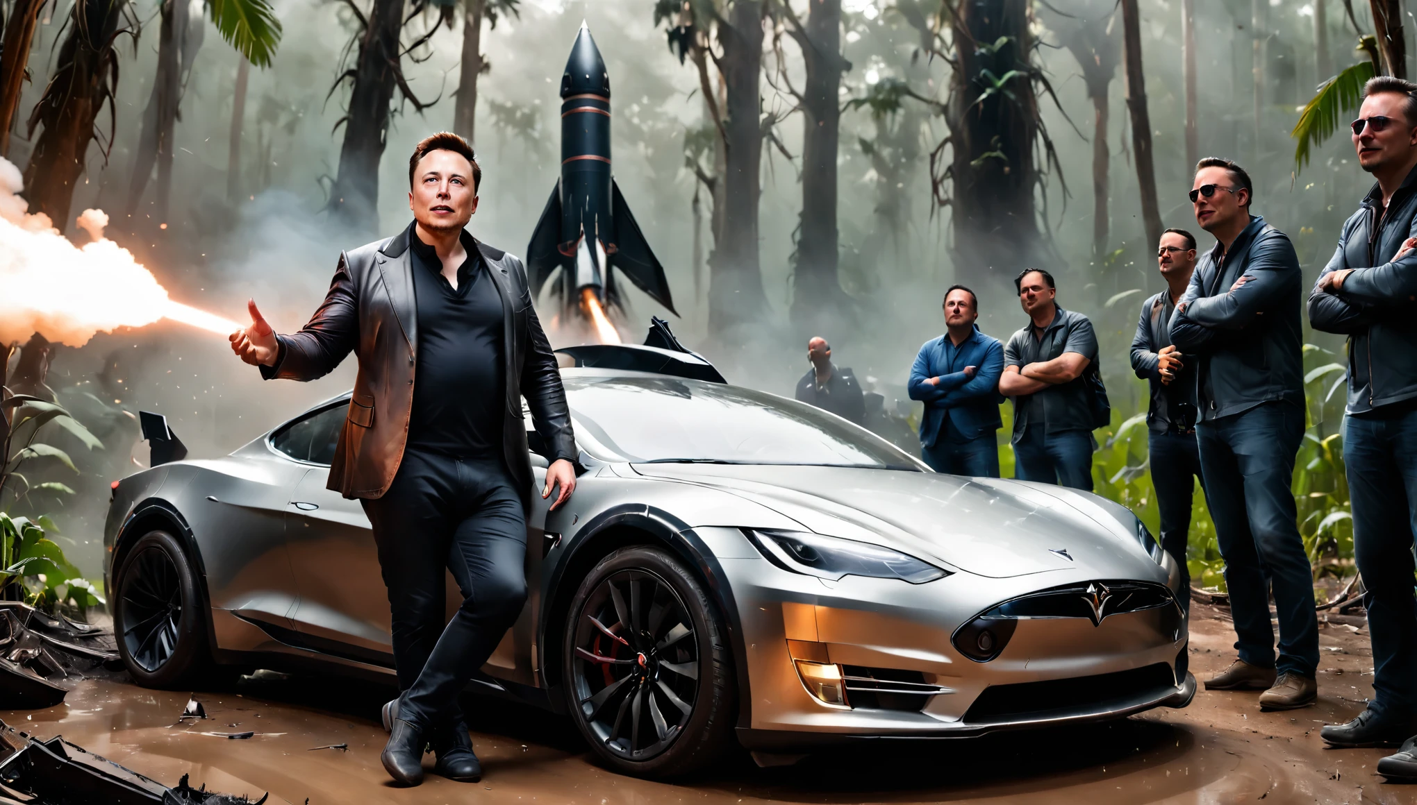 Elon Musk next to a rocket in the Amazon, in his hand he has a metal X, a press car and photographers around him, a wealth of realistic and cinematic details,