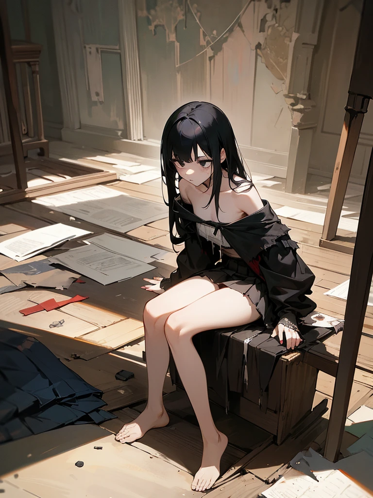 1girl, full body, black hair, black eyes, , torn clothes, shredded clothes, bloodstains, short pleated skirt, bare legs, unhappy, masterpiece, beautiful face, detailed eyes, clean fingers, medieval room, poverty, poor bedroom, detailed background