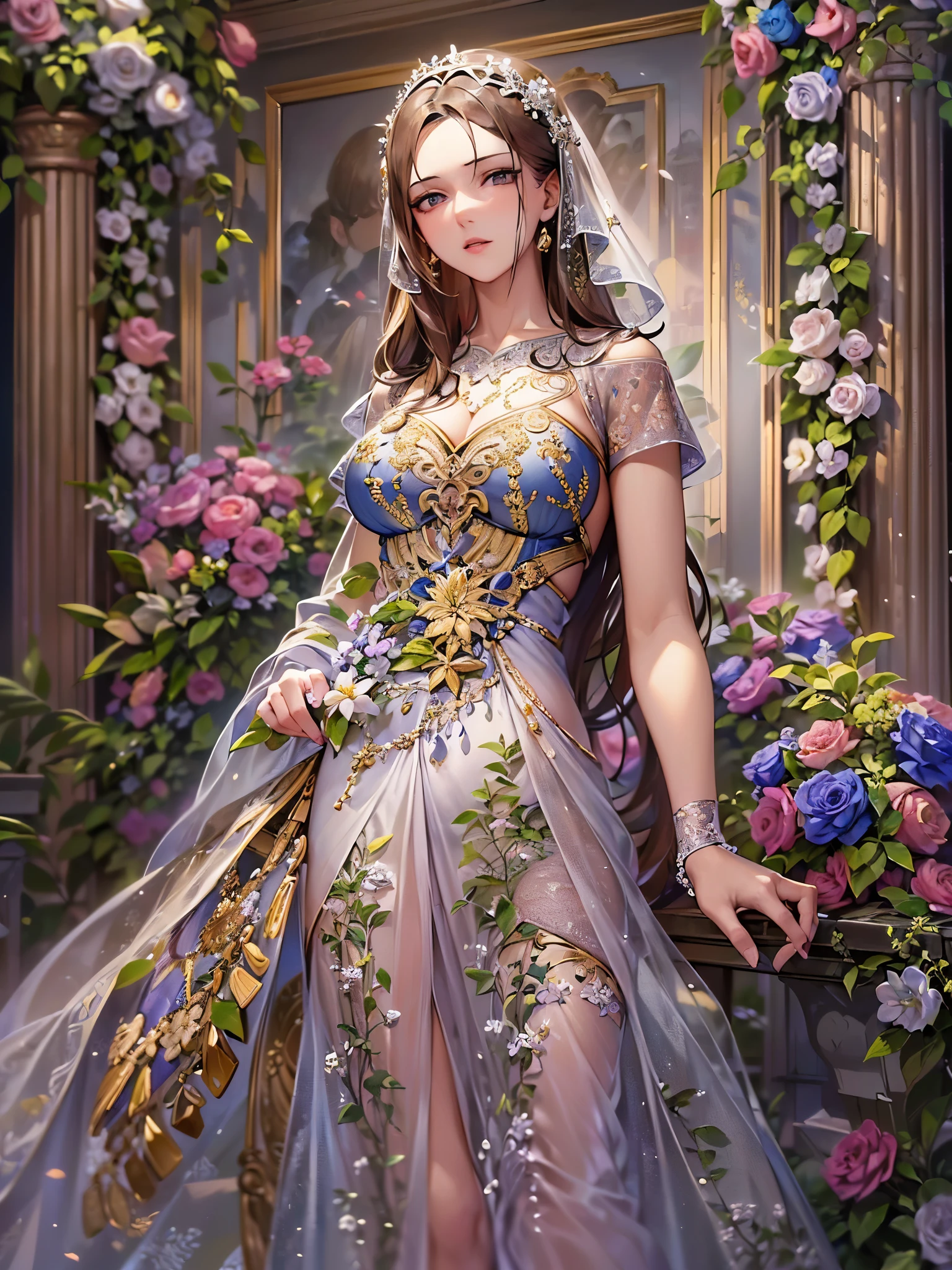 ((highest quality)),(Ultra-high resolution),(Very detailed),(Detailed Description),((The best CG)),(A masterpiece),Ultra-precise art,amazing drawing art,(Art with precise detail:1.5), (woman:1.4), (A front-open dress with detailed and detailed depictions:1.6),Floral embroidery:1.7