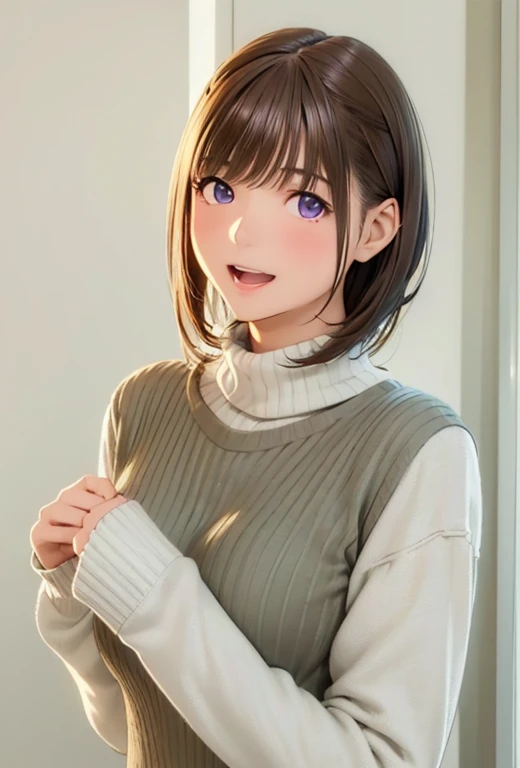 High resolution,In 8K,highest quality,detailed,Semi-realistic anime,Anime 3D Style,Smooth anime CG,One Girl,19-year-old woman in Japan,slim,Modeled,Shiny brown hair,Medium Hair,detailedな顔,Beautiful and detailed,Glowing Skin,Light turtleneck shirt,Put on a striped shirt,straggling hair,Angelic hairstyle,((Deep violet sparkling eyes)),(Small breasts),((Looking at the camera)),((Open your mouth)),((Laughter))