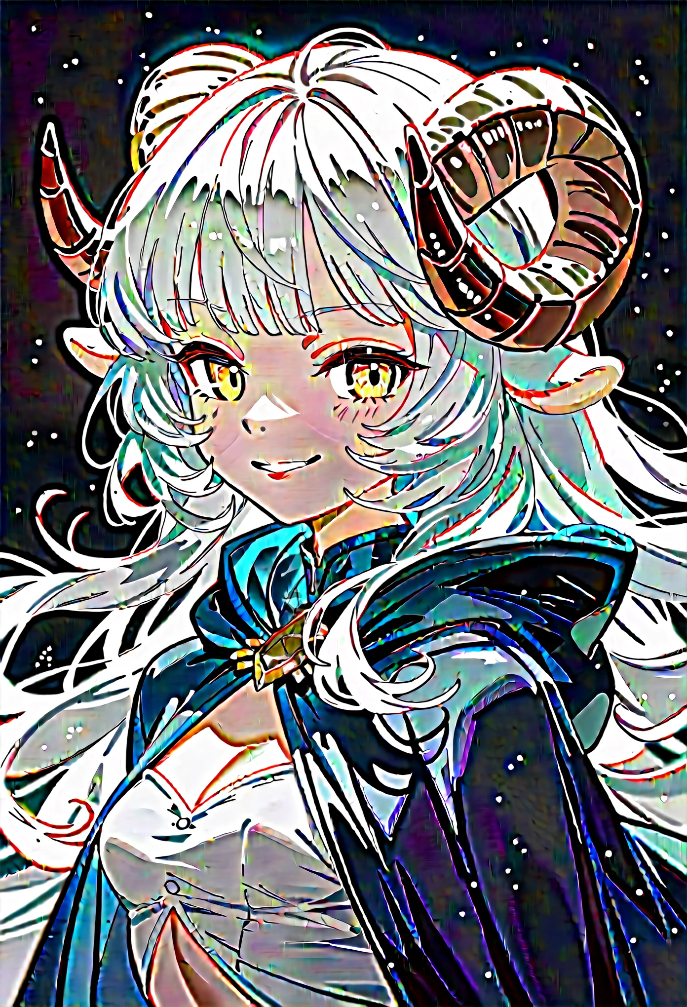 (score_9, score_8_up, score_7_up), 1girl, solo, sheep horns, curled horns, black horns, white sheep ears, white hair, long hair, hime cut, long bangs, sheep horns, curled horns, yellow eyes, evil smile, smug, :>, small breasts, standing, hooded cultist cloak, old fashioned, white background, simple background, upper body, highres, detailed, best quality, masterpiece,