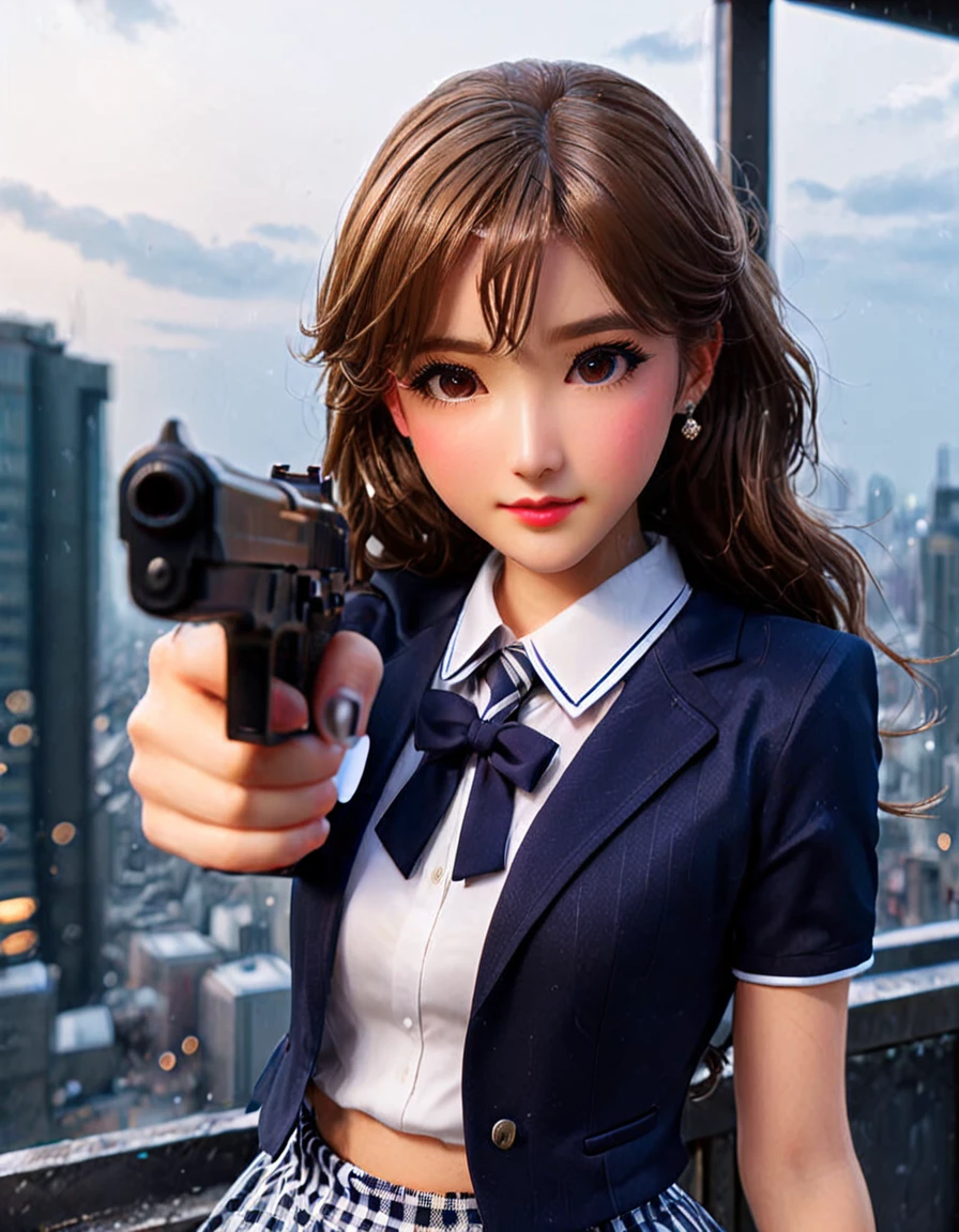 highest quality、16K high resolution、Super detailed、masterpiece、Live shooting、photorealistic:1.4、hyper realism:1.4、sharp focus、very delicate and beautiful、fine details、1 female、(Super beautiful)、(beautiful face:1.5)、(detailed face:1.5)、Are standing、(high school uniform:1.1)、navy blue jacket、white shirt、(tie)、(Checkered mini skirt:1.1)、brown hair、(dark makeup)、(rooftop of a skyscraper:1.5)、(night time:1.3)、(the wind is blowing:1.5)、(5 fingers on hand:1.2)、(He is looking intently at the barrel of the gun.:1.5)、(Thigh-up shot)、(pointing pistol)