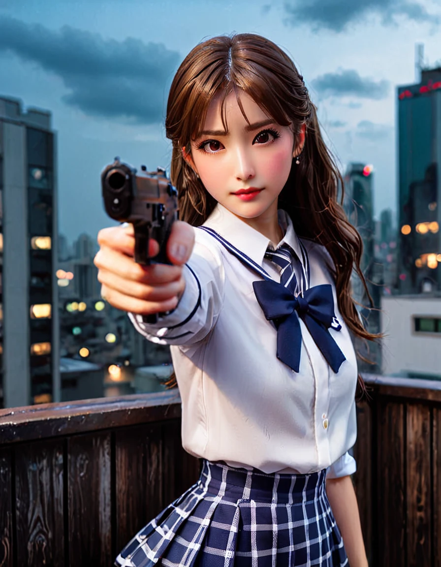 highest quality、16K high resolution、Super detailed、masterpiece、Live shooting、photorealistic:1.4、hyper realism:1.4、sharp focus、very delicate and beautiful、fine details、1 female、(Super beautiful)、(beautiful face:1.5)、(detailed face:1.5)、Are standing、(high school uniform:1.1)、navy blue jacket、white shirt、(tie)、(Checkered mini skirt:1.1)、brown hair、(dark makeup)、(rooftop of a skyscraper:1.5)、(night time:1.3)、(the wind is blowing:1.5)、(5 fingers on hand:1.2)、(He is looking intently at the barrel of the gun.:1.5)、(Thigh-up shot)、(pointing pistol)