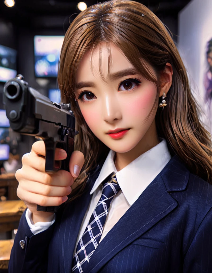 highest quality、16K high resolution、Super detailed、masterpiece、Live shooting、photorealistic:1.4、hyper realism:1.4、sharp focus、very delicate and beautiful、fine details、1 female、(Super beautiful)、(beautiful face:1.5)、(detailed face:1.5)、Are standing、(high school uniform:1.1)、navy blue jacket、white shirt、(tie)、(Checkered mini skirt:1.1)、brown hair、(dark makeup)、(rooftop of a skyscraper:1.5)、(night time:1.3)、(the wind is blowing:1.5)、(5 fingers on hand:1.2)、(He is looking intently at the barrel of the gun.:1.5)、(Thigh-up shot)、(pointing pistol)