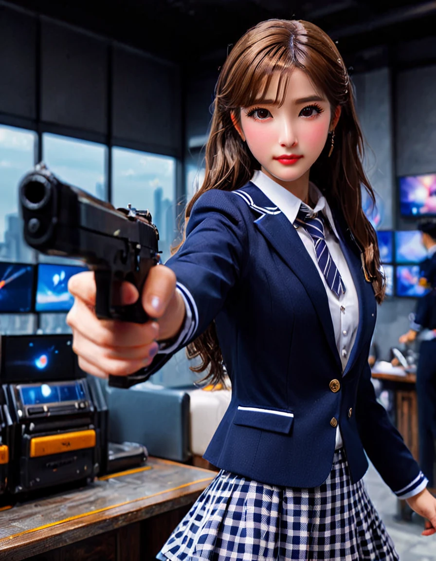 highest quality、16K high resolution、Super detailed、masterpiece、Live shooting、photorealistic:1.4、hyper realism:1.4、sharp focus、very delicate and beautiful、fine details、1 female、(Super beautiful)、(beautiful face:1.5)、(detailed face:1.5)、Are standing、(high school uniform:1.1)、navy blue jacket、white shirt、(tie)、(Checkered mini skirt:1.1)、brown hair、(dark makeup)、(rooftop of a skyscraper:1.5)、(night time:1.3)、(the wind is blowing:1.5)、(5 fingers on hand:1.2)、(He is looking intently at the barrel of the gun.:1.5)、(Thigh-up shot)、(pointing pistol)